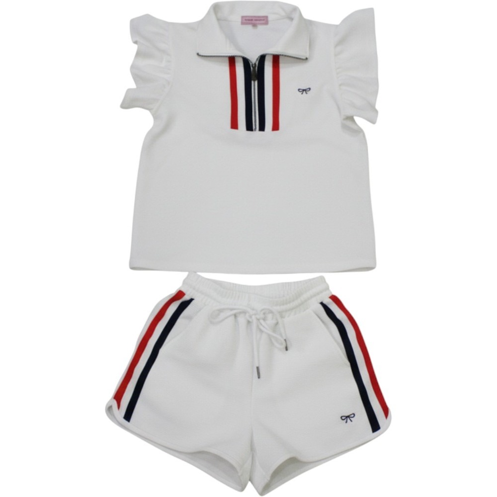 Simply Southern Ribbed Striped Quarter Zip Shorts Set Women XS White